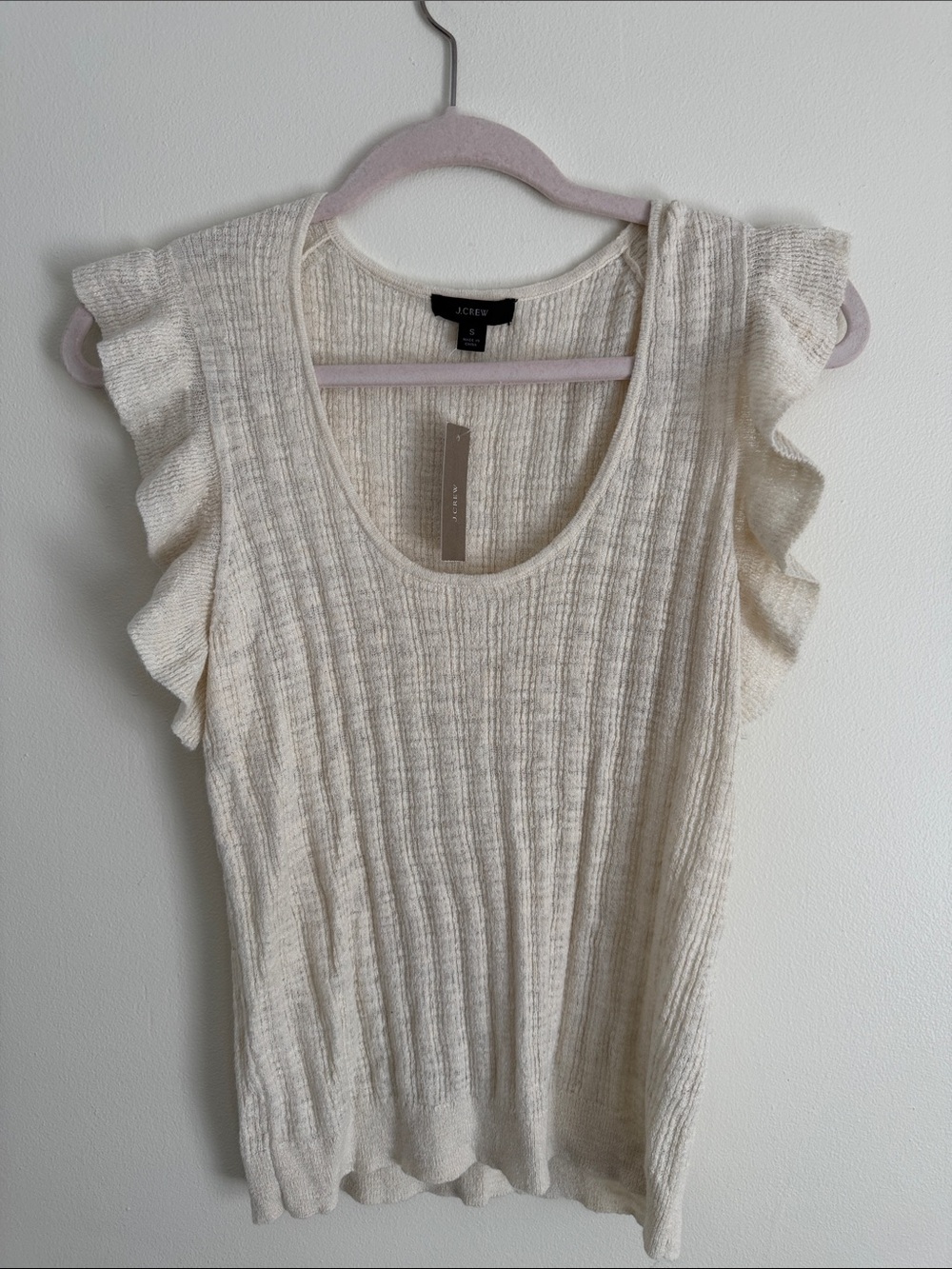 J. Crew Cream Ribbed Tank with Ruffle Sleeves
